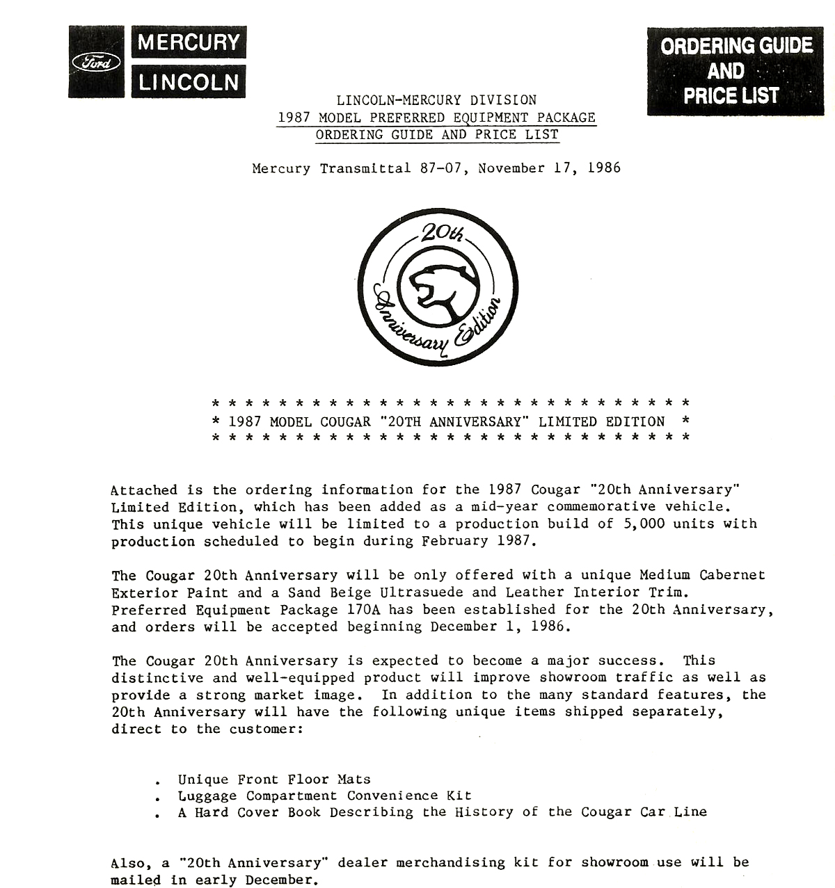 20th Anniversary Mercury Cougar Release Letter